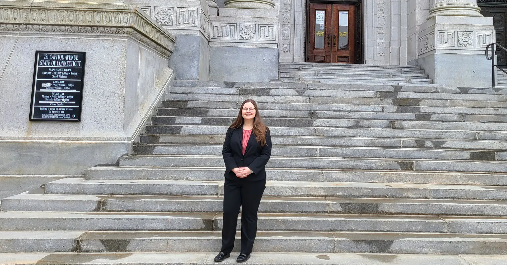 Attorney Megan Wade on the steps of the Connecticut Supreme Court